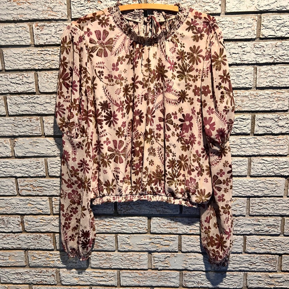 Free People Floral Smocked Mock Neck Blouse Mauve Olive Green Clip Dot Size M
